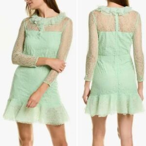 Silk Lined Sandro Haiti Ruffle Green Sheer Lace Long Sleeve Dress S